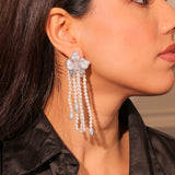 Diamante Flower with White Bead Strings Long Dangler Earrings