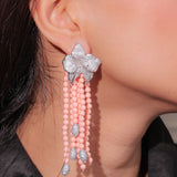 Diamante Flower with Peach Bead Strings Long Dangler Earrings
