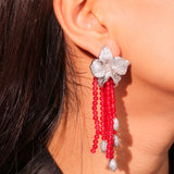 Diamante Flower with Red Bead Strings Long Dangler Earrings