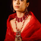 Red Onyx Beads and Baroque Pearls Long Necklace Set