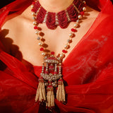 Red Onyx Beads and Baroque Pearls Long Necklace Set