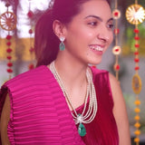 Niki Mehra In Sofia Pear Necklace Set With Emerald Green Doublet Stones