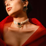 Regalia Green Onyx With Strawberry Quartz And Pearl Moissanite Polki Choker Set
