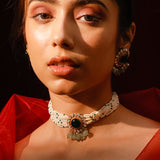 Regalia Green Onyx With Strawberry Quartz And Pearl Moissanite Polki Choker Set