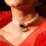 Regalia Green Onyx With Strawberry Quartz And Pearl Moissanite Polki Choker Set