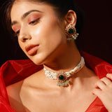 Regalia Green Onyx With Strawberry Quartz And Pearl Moissanite Polki Choker Set
