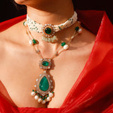 Wahida Emerald Green Doublet Necklace With Baroque Pearls And Strawberry Quartz