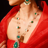 Wahida Emerald Green Doublet Necklace With Baroque Pearls And Strawberry Quartz