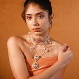 Pink Meena With Rose Quartz And Baroque Pearls Moissanite Polki Set