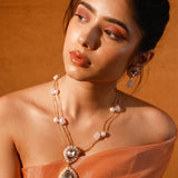 Pink Meena With Rose Quartz And Baroque Pearls Moissanite Polki Set