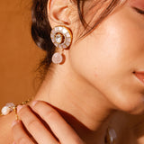 Pink Meena With Rose Quartz And Baroque Pearls Moissanite Polki Set