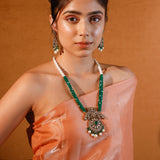 The Peacock Long Necklace Set With Pearls And Green Onyx