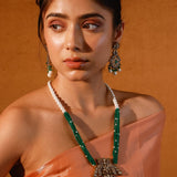 The Peacock Long Necklace Set With Pearls And Green Onyx