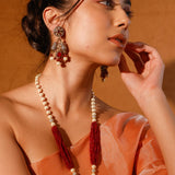 The Elephant Long Necklace Set With Pearls And Red Onyx