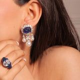 Sapphire Blue Diamante Pearls Dangling Earrings