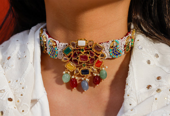 Load image into Gallery viewer, Mehtab Navratan Multicolour Necklace Choker Set
