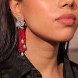 Diamante Flower with Red Bead Strings Long Dangler Earrings