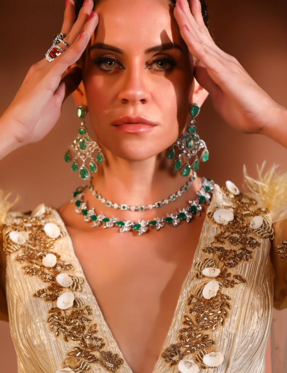 Nitibha Kaul In Majestic Emerald Diamanate Dangler Earrings