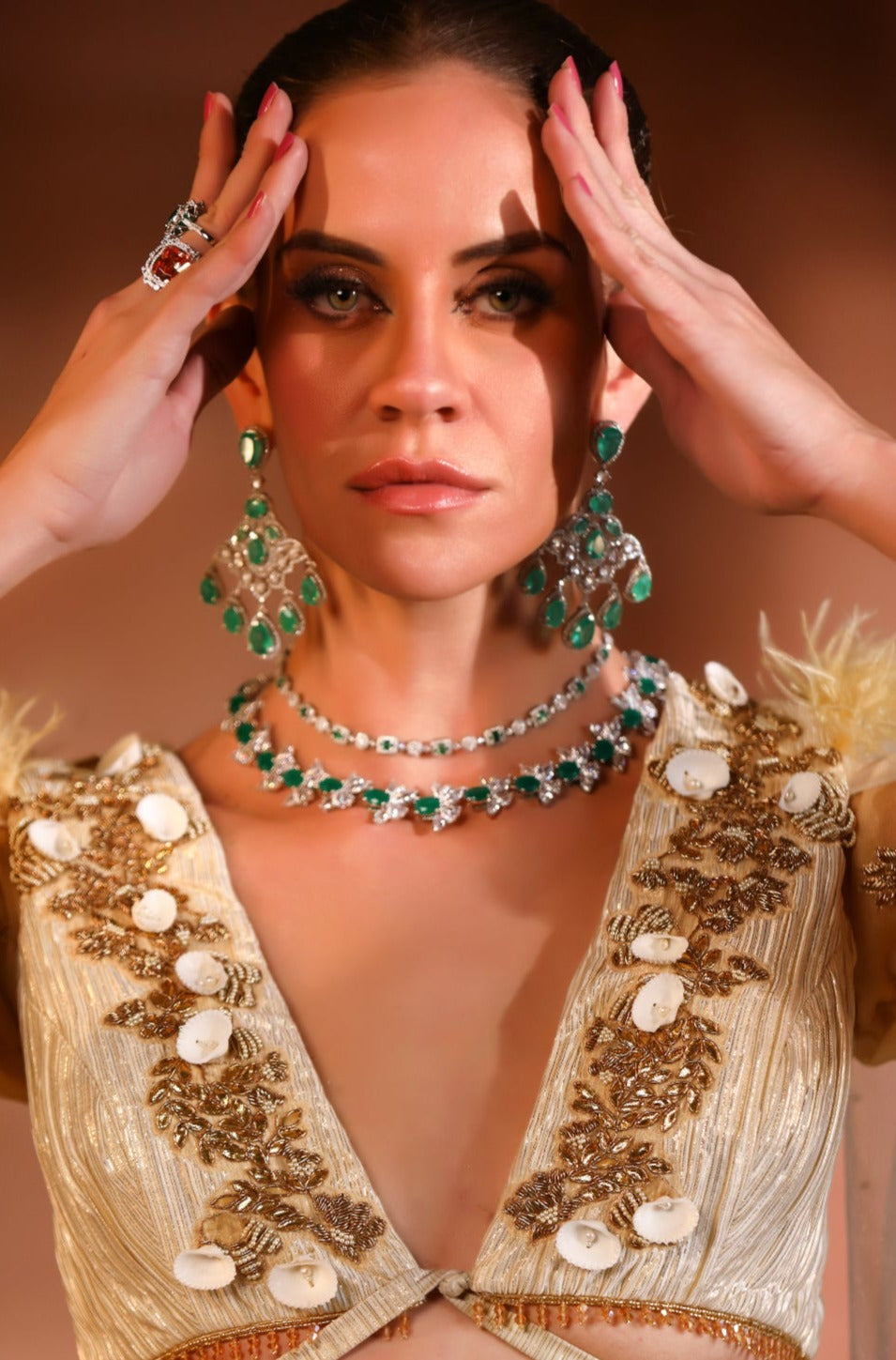 Load image into Gallery viewer, Majestic Emerald Diamanate Dangler Earrings
