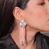 Diamante Flower with Peach Bead Strings Long Dangler Earrings