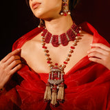 Red Onyx Beads and Baroque Pearls Long Necklace Set