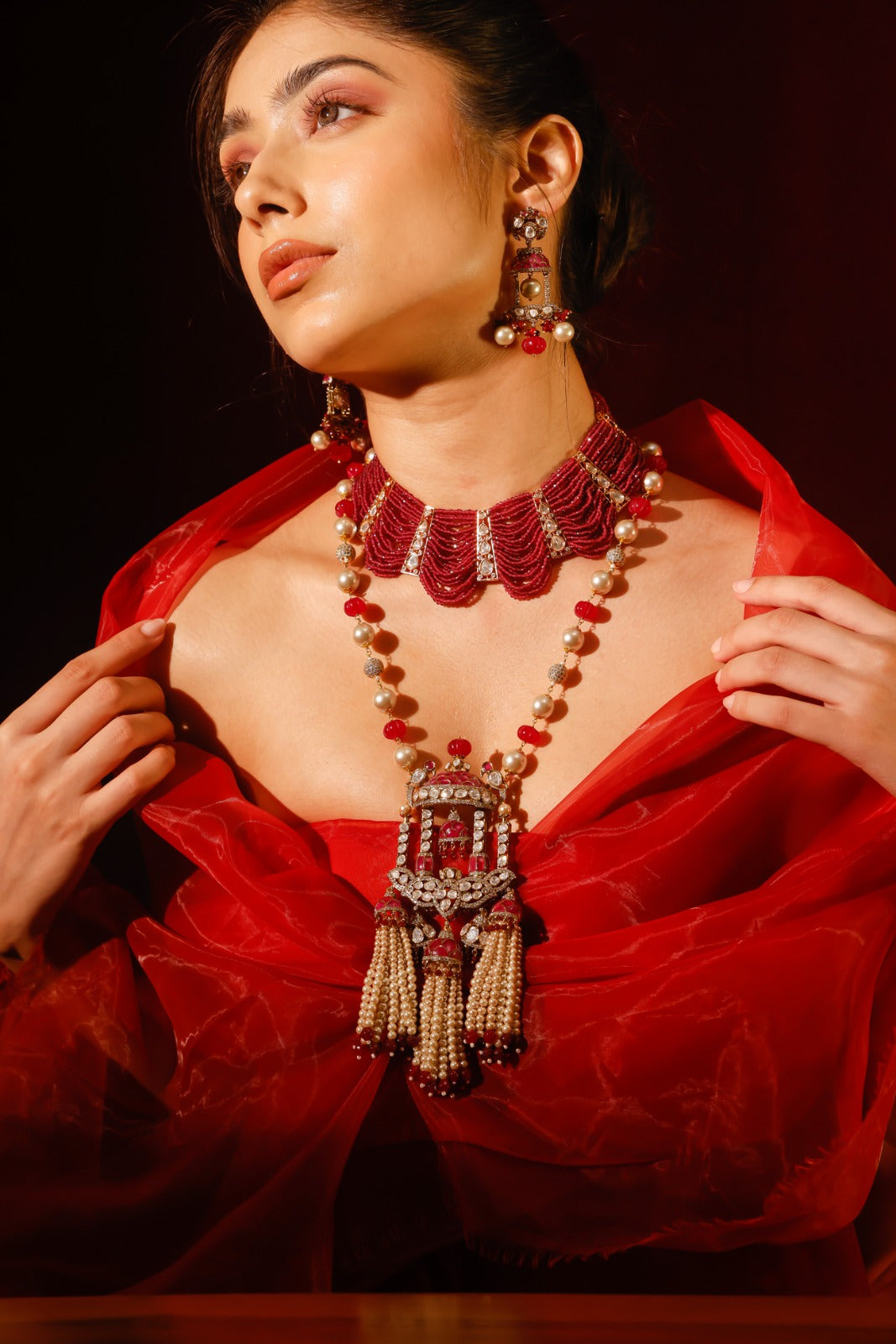 Load image into Gallery viewer, Red Onyx Beads and Baroque Pearls Long Necklace Set
