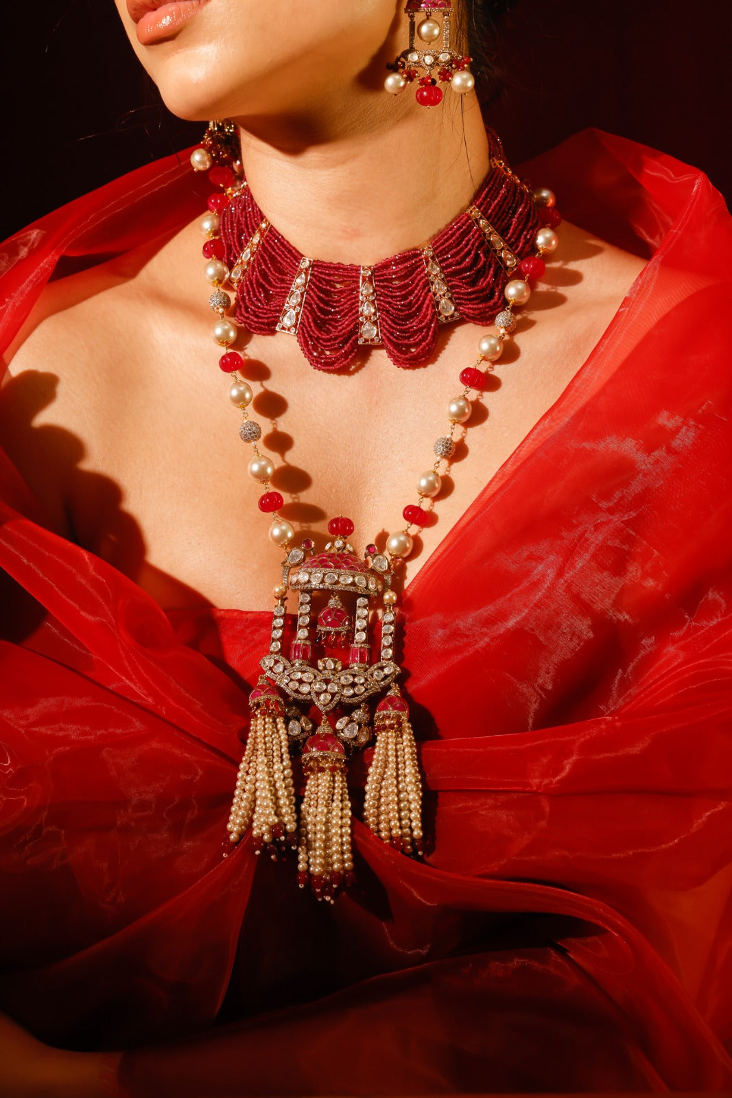 Red Onyx Beads and Baroque Pearls Long Necklace Set