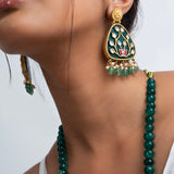 Radhe-Shyam Green Polki Long Necklace with Earrings