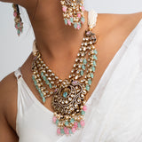 Ila Peacock Mint Pink Polki Necklace with Earrings