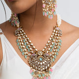 Ila Peacock Mint Pink Polki Necklace with Earrings