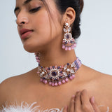 Lilac Bloom Polki Choker Necklace with Earrings