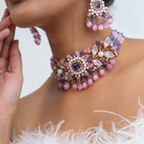 Lilac Bloom Polki Choker Necklace with Earrings