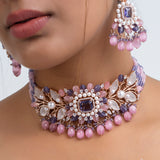 Lilac Bloom Polki Choker Necklace with Earrings