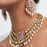 Aurora Pink Polki Choker Necklace with Earrings