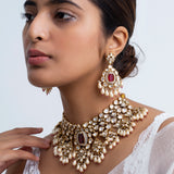 Ruby Red Polki Necklace with pearls and Tikka Set