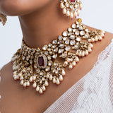 Ruby Red Polki Necklace with pearls and Tikka Set