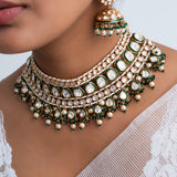 Zevar King Emerald Green Polki Necklace & Tikka Set