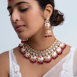 Ruby Red Meenakari Polki Necklace and Tikka Set