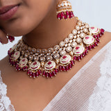 Ruby Red Meenakari Polki Necklace and Tikka Set