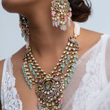 Light Blue and Pink Polki Necklace and Jhumka Set