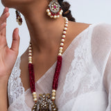 Ruby Red Beads Long Polki Necklace & Earrings set