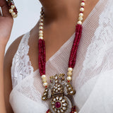 Ruby Red Beads Long Polki Necklace & Earrings set