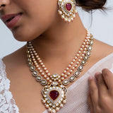 Ruby Red and Pearl Polki Necklace Set