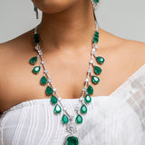 Emerald Green Drop Long Necklace with Earrings