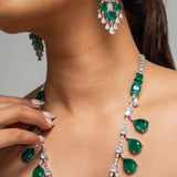 Emerald Green Drop Long Necklace with Earrings