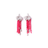 Diamante Flower with Red Bead Strings Long Dangler Earrings