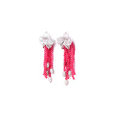 Diamante Flower with Red Bead Strings Long Dangler Earrings