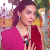 Niki Mehra In Sofia Pear Necklace Set With Emerald Green Doublet Stones