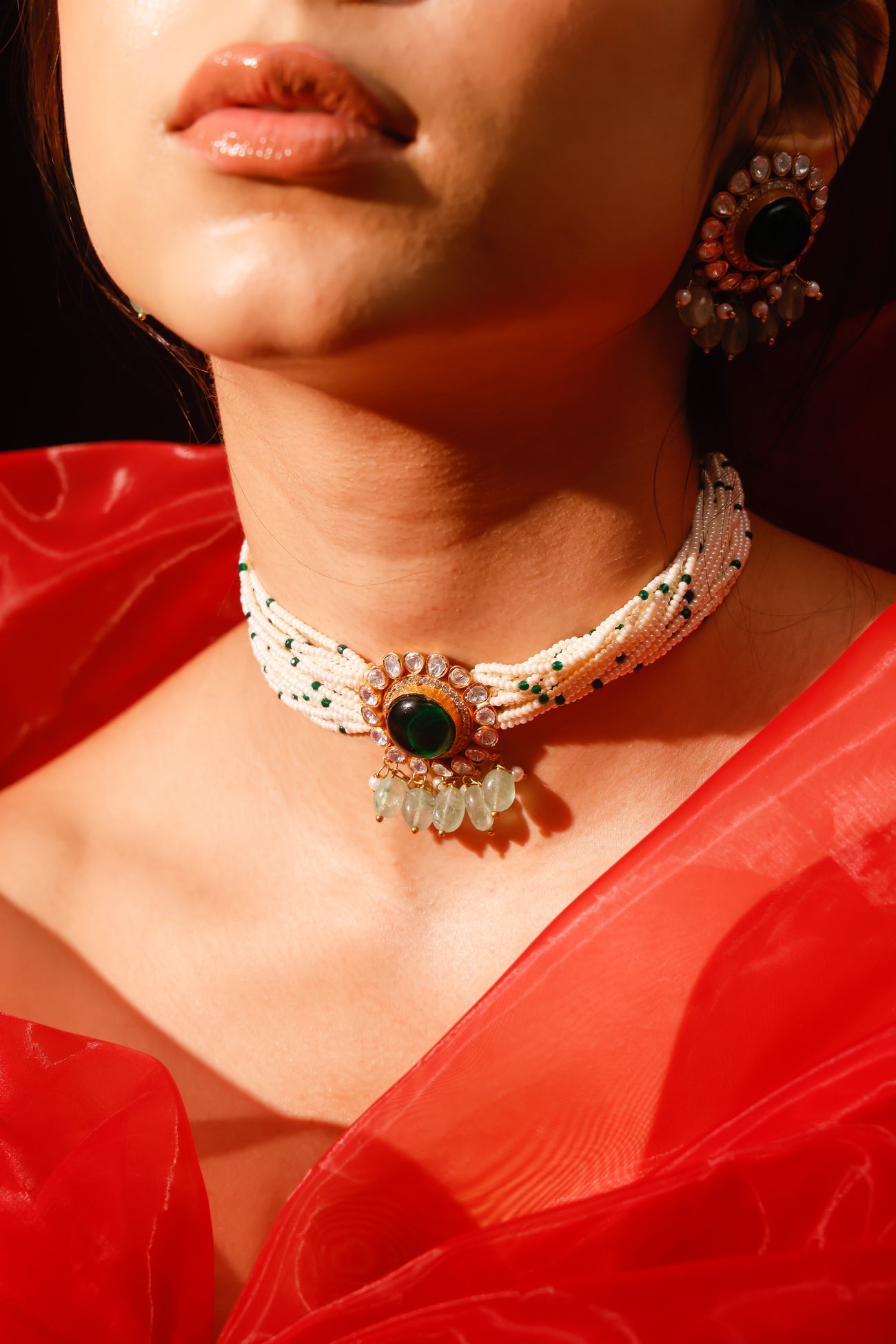 Regalia Green Onyx With Strawberry Quartz And Pearl Moissanite Polki Choker Set