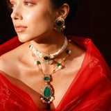 Wahida Emerald Green Doublet Necklace With Baroque Pearls And Strawberry Quartz